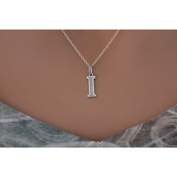 Sterling Silver Uppercase I Initial Charm Necklace - Picture 1 of 4
